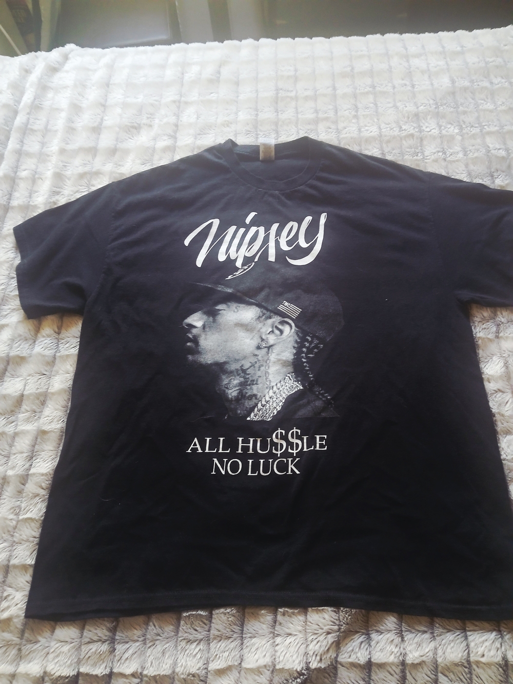 Gildan Black Graphic Tee with White Nipsey Portrait and Script
